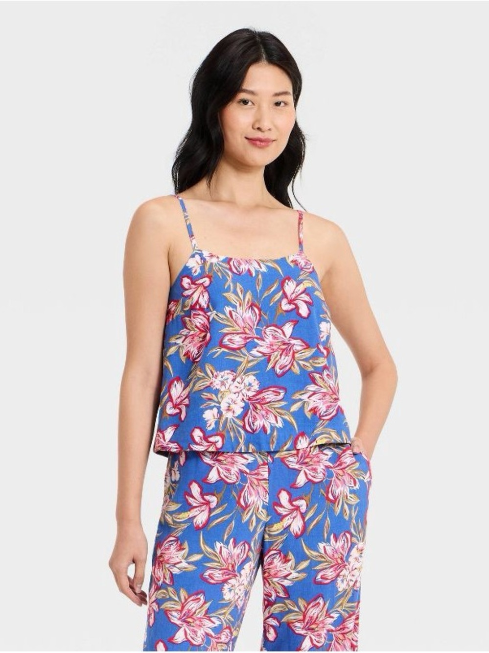 a new day Blue Floral Spaghetti-Strap Linen Cami Tank Top